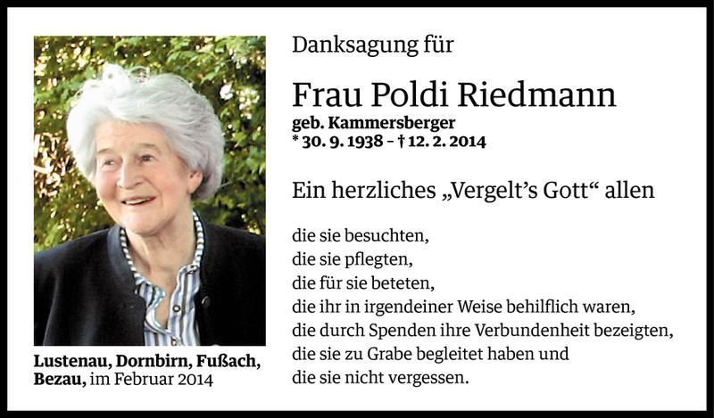  Todesanzeige für Poldi Riedmann vom 27.02.2014 aus Vorarlberger Nachrichten
