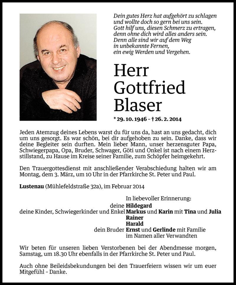  Todesanzeige für Gottfried Blaser vom 27.02.2014 aus Vorarlberger Nachrichten