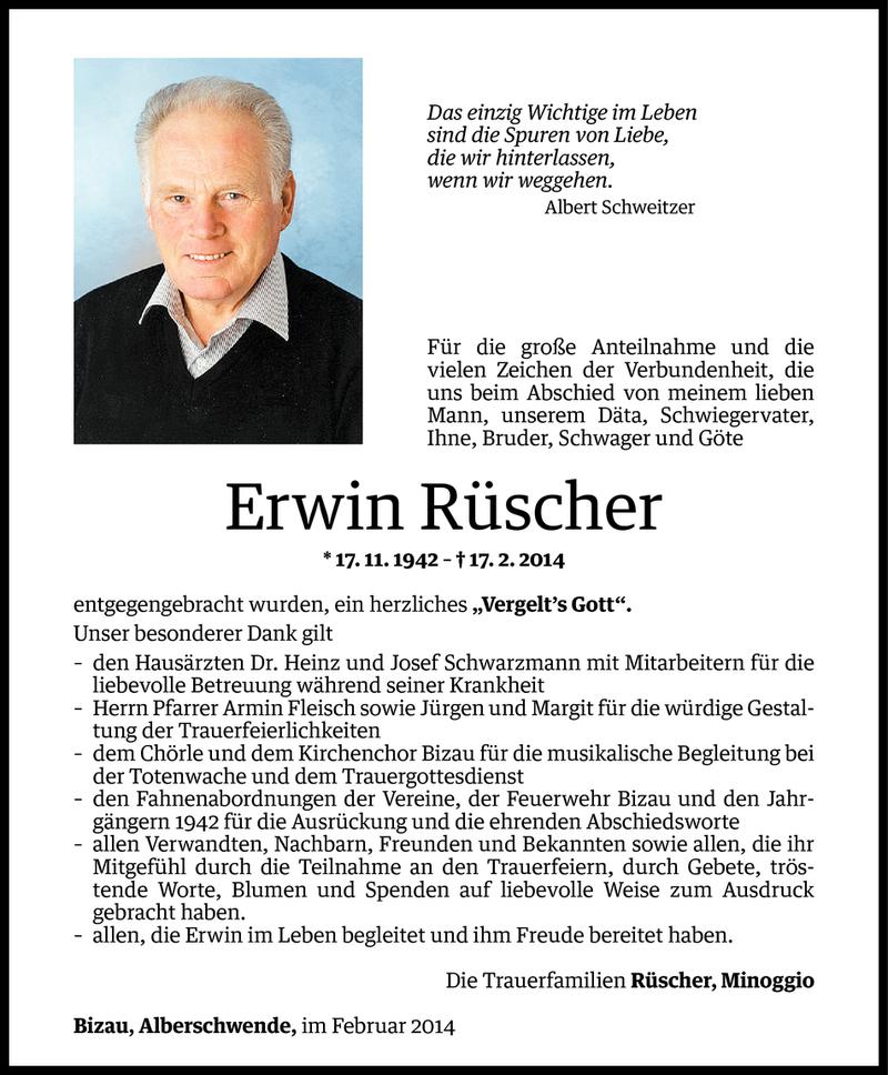  Todesanzeige für Erwin Rüscher vom 27.02.2014 aus Vorarlberger Nachrichten