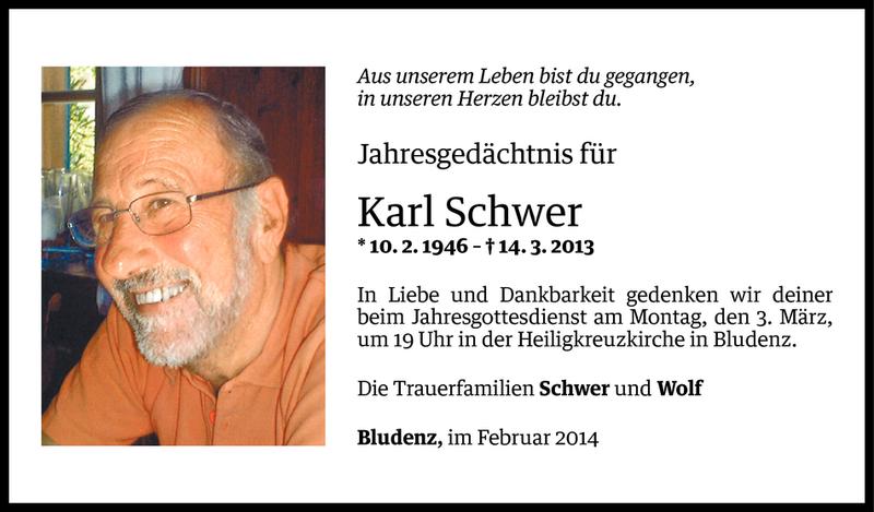  Todesanzeige für Karl Schwer vom 27.02.2014 aus Vorarlberger Nachrichten