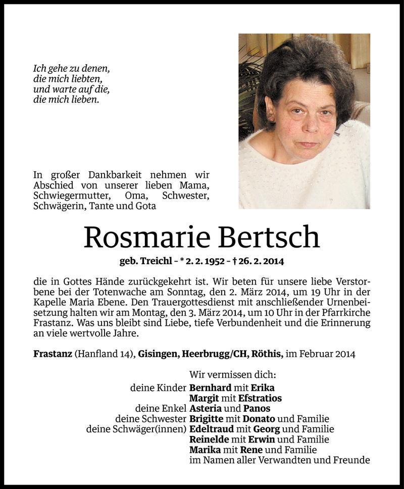  Todesanzeige für Rosmarie Bertsch vom 28.02.2014 aus Vorarlberger Nachrichten