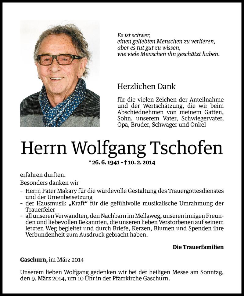  Todesanzeige für Wolfgang Tschofen vom 28.02.2014 aus Vorarlberger Nachrichten