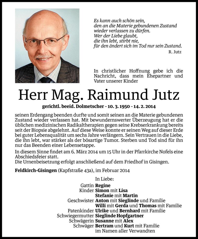  Todesanzeige für Raimund Jutz vom 28.02.2014 aus Vorarlberger Nachrichten