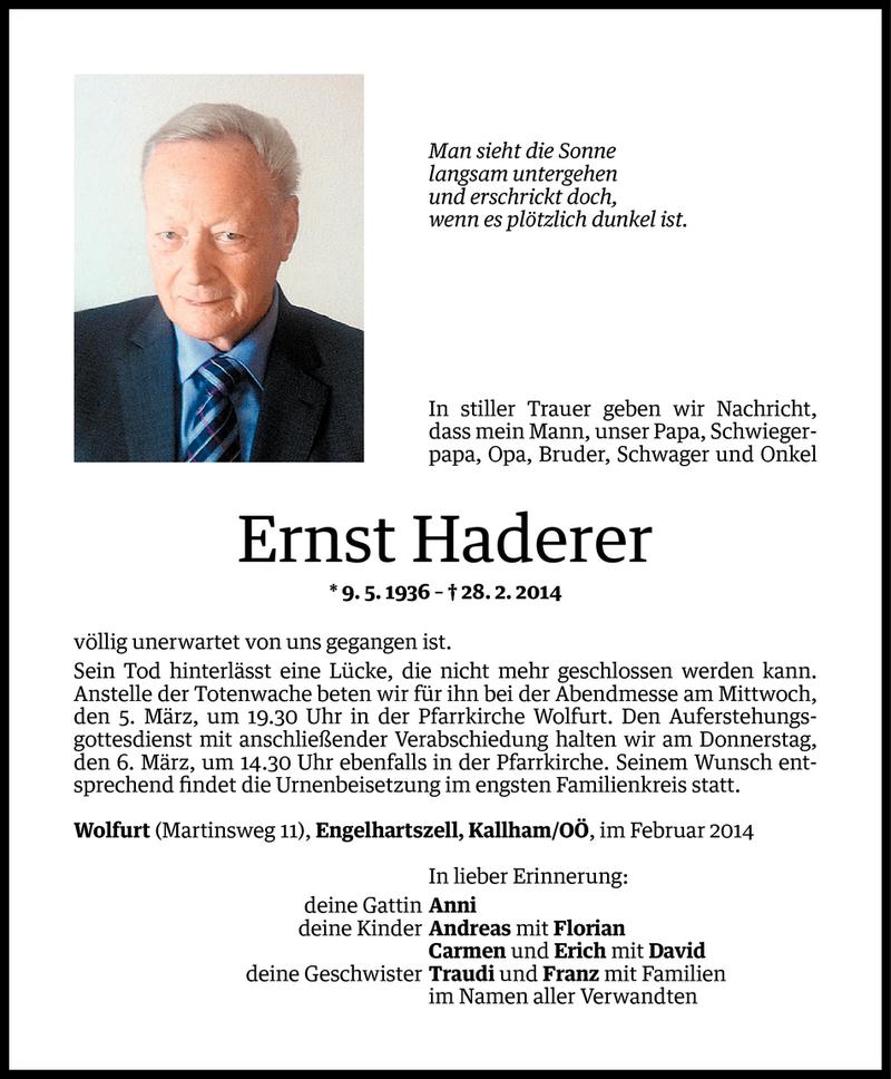  Todesanzeige für Ernst Haderer vom 02.03.2014 aus Vorarlberger Nachrichten