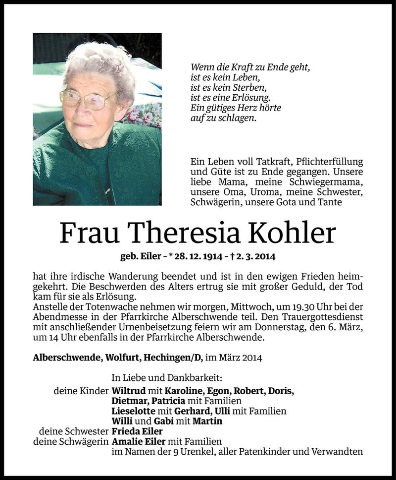  Todesanzeige für Theresia Kohler vom 03.03.2014 aus Vorarlberger Nachrichten