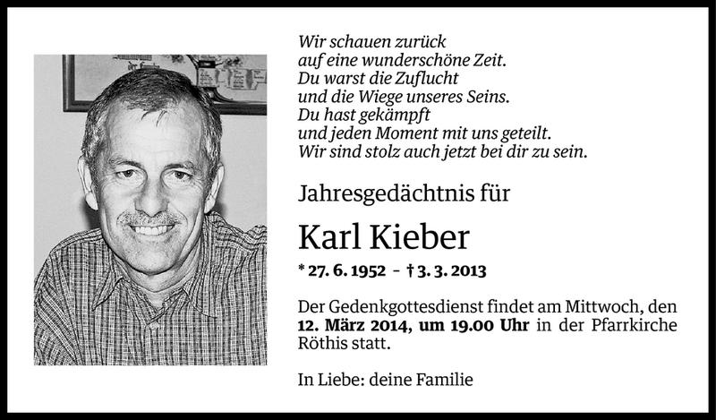  Todesanzeige für Karl Kieber vom 08.03.2014 aus Vorarlberger Nachrichten