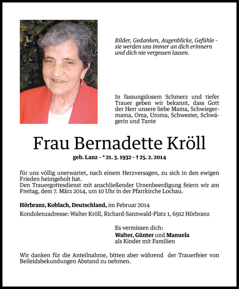  Todesanzeige für Bernadette Kröll vom 04.03.2014 aus Vorarlberger Nachrichten