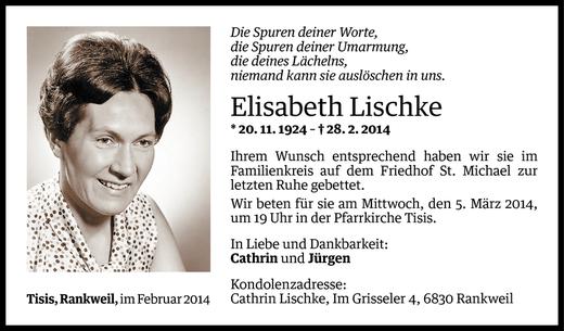 Todesanzeige von Elisabeth Lischke von Vorarlberger Nachrichten