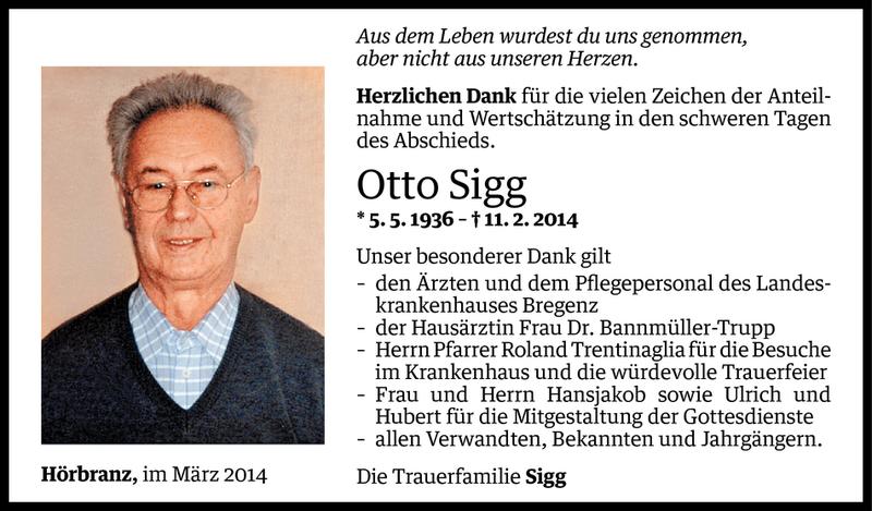  Todesanzeige für Otto Sigg vom 06.03.2014 aus Vorarlberger Nachrichten