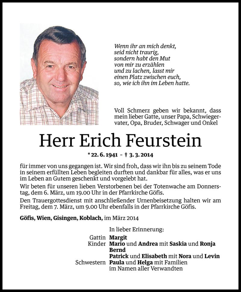  Todesanzeige für Erich Feurstein vom 05.03.2014 aus Vorarlberger Nachrichten