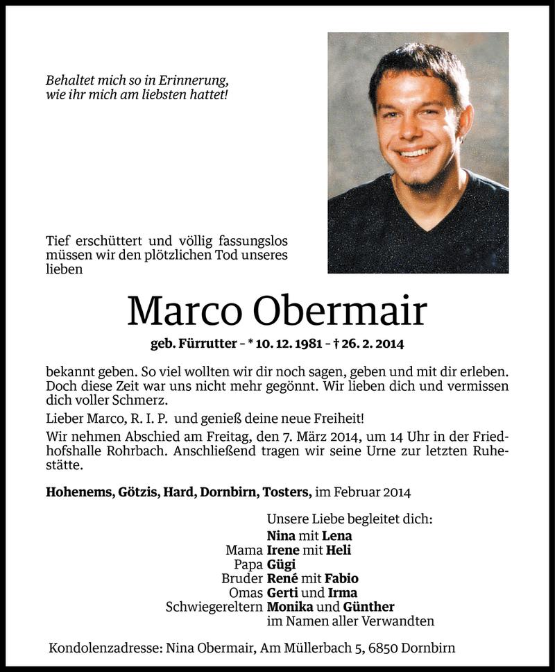  Todesanzeige für Marco Obermair vom 04.03.2014 aus Vorarlberger Nachrichten