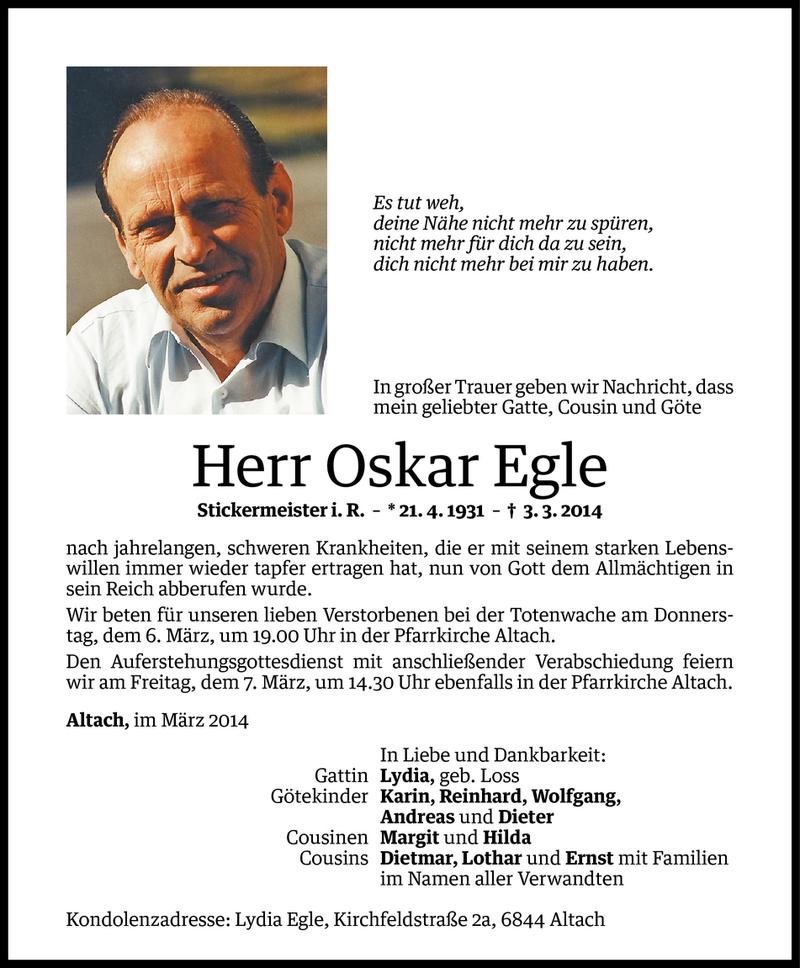  Todesanzeige für Oskar Egle vom 05.03.2014 aus Vorarlberger Nachrichten