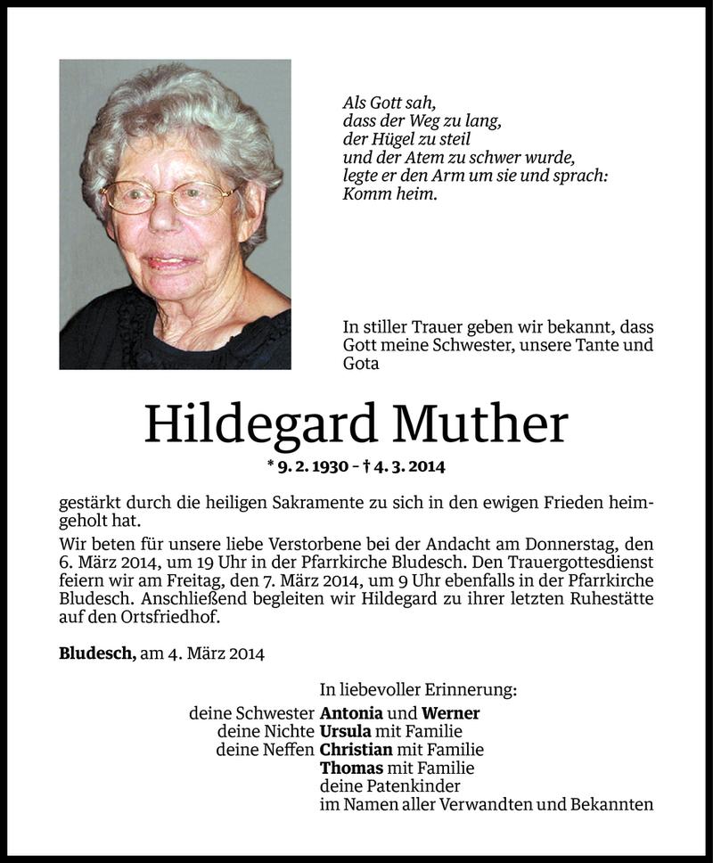  Todesanzeige für Hildegard Muther vom 05.03.2014 aus Vorarlberger Nachrichten