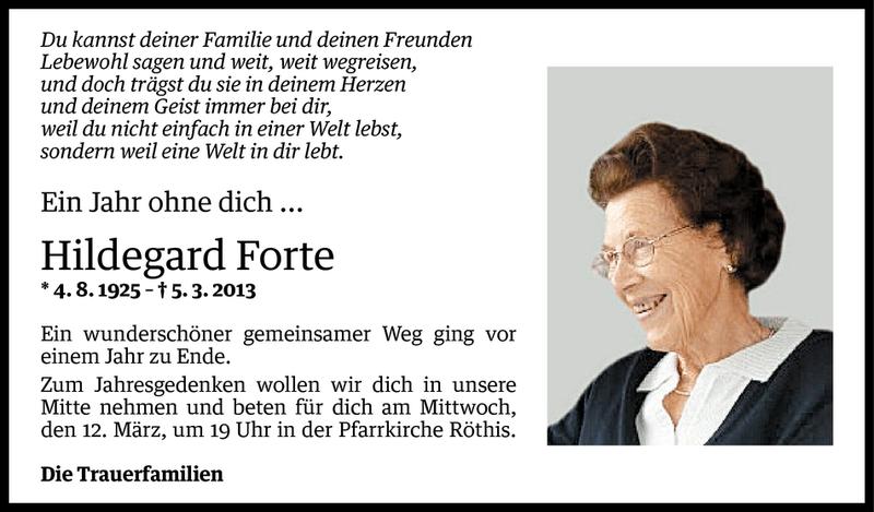  Todesanzeige für Hildegard Forte vom 07.03.2014 aus Vorarlberger Nachrichten