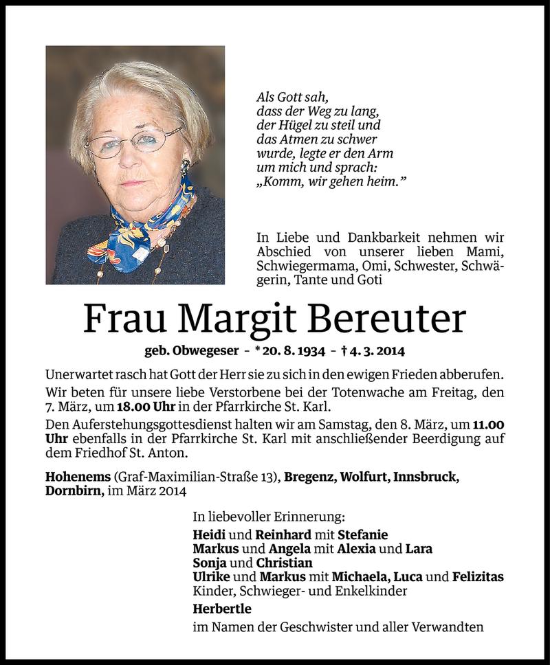  Todesanzeige für Margit Bereuter vom 06.03.2014 aus Vorarlberger Nachrichten