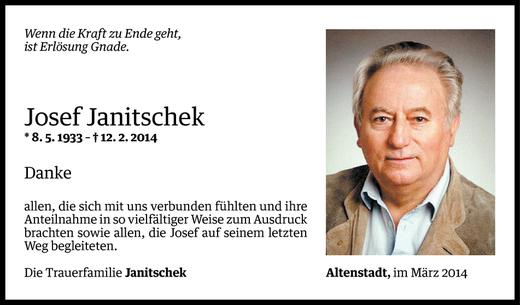Todesanzeige von Josef Janitschek von Vorarlberger Nachrichten