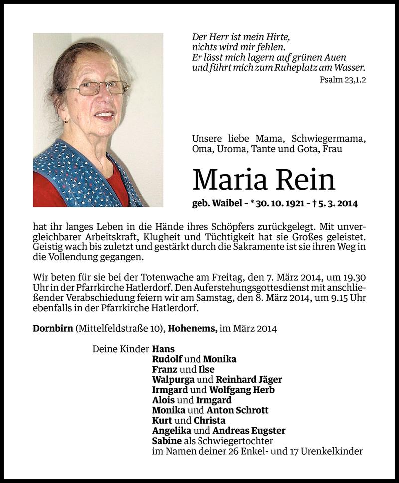  Todesanzeige für Maria Rein vom 06.03.2014 aus Vorarlberger Nachrichten