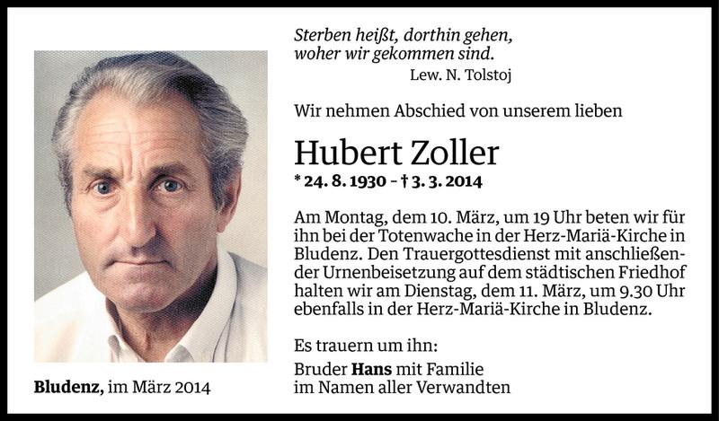  Todesanzeige für Hubert Zoller vom 08.03.2014 aus Vorarlberger Nachrichten