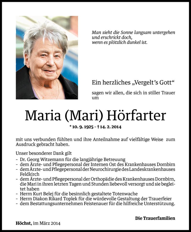  Todesanzeige für Maria Hörfarter vom 06.03.2014 aus Vorarlberger Nachrichten