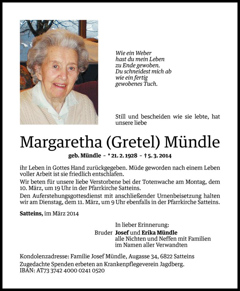  Todesanzeige für Margaretha Mündle vom 08.03.2014 aus Vorarlberger Nachrichten