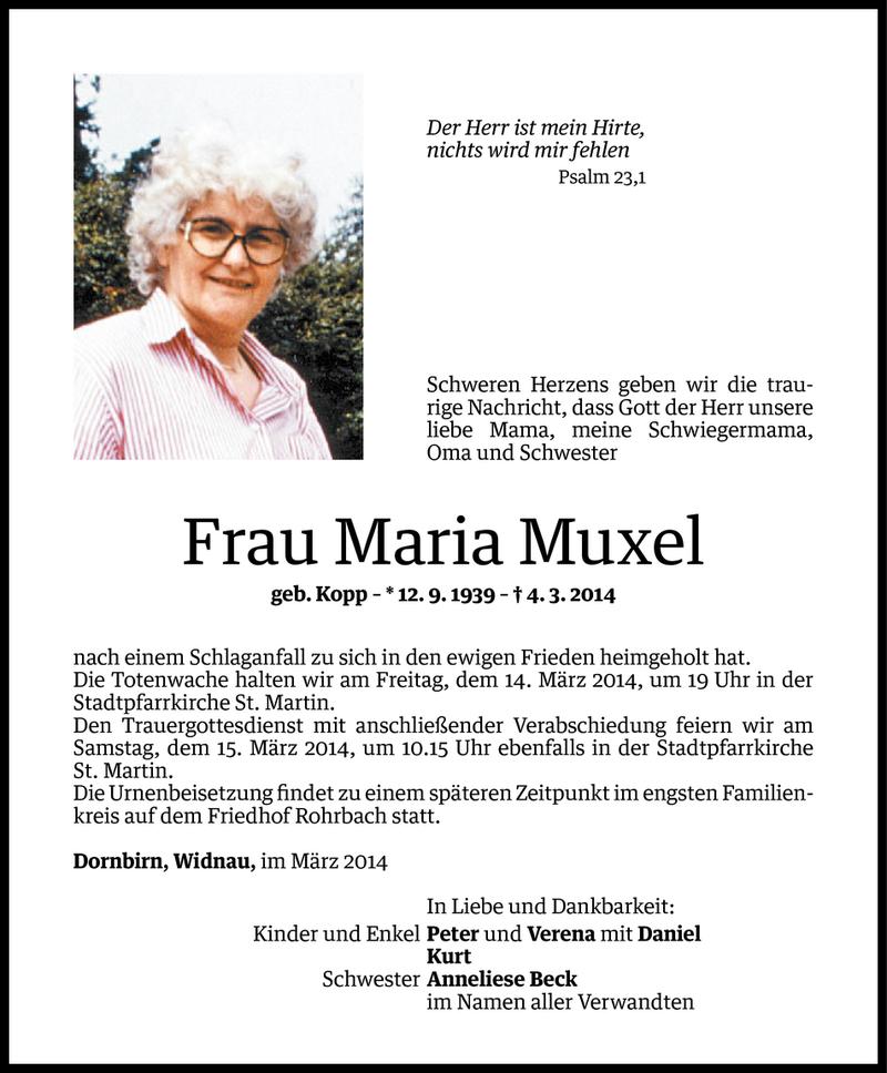  Todesanzeige für Maria Muxel vom 07.03.2014 aus Vorarlberger Nachrichten