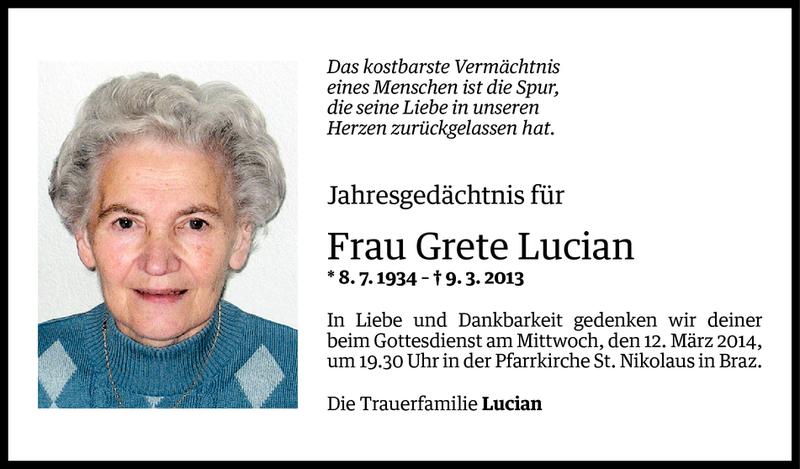  Todesanzeige für Grete Lucian vom 09.03.2014 aus Vorarlberger Nachrichten