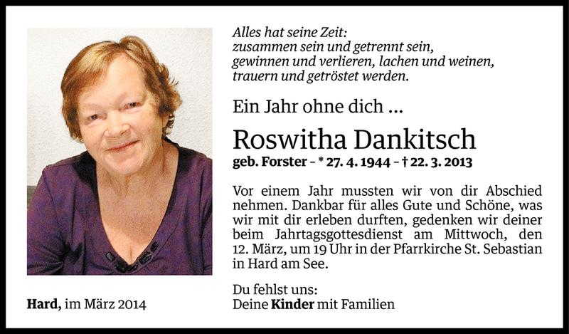  Todesanzeige für Roswitha Dankitsch vom 09.03.2014 aus Vorarlberger Nachrichten