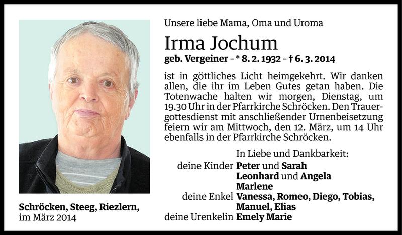  Todesanzeige für Irma Jochum vom 09.03.2014 aus Vorarlberger Nachrichten