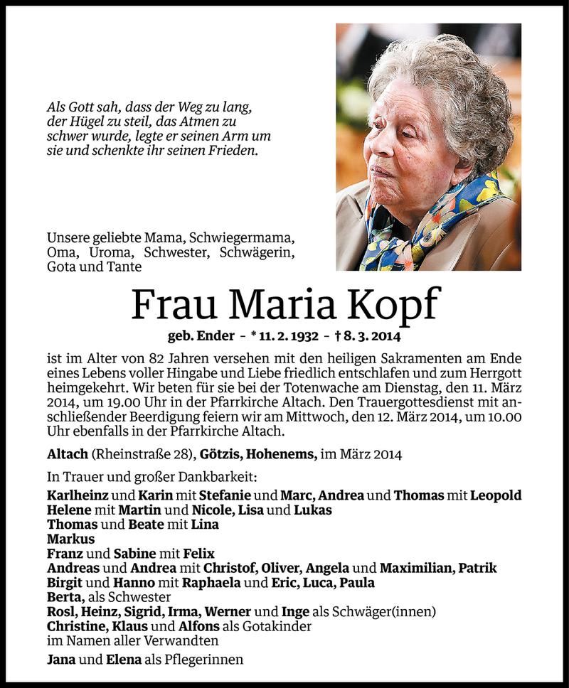  Todesanzeige für Maria Kopf vom 10.03.2014 aus Vorarlberger Nachrichten