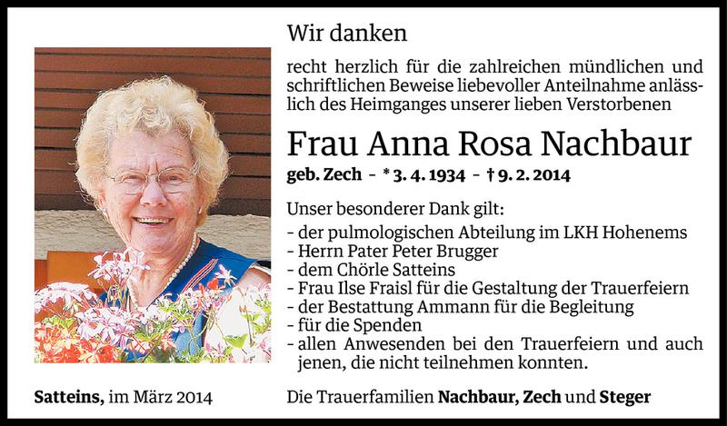  Todesanzeige für Anna Rosa Nachbaur vom 11.03.2014 aus Vorarlberger Nachrichten