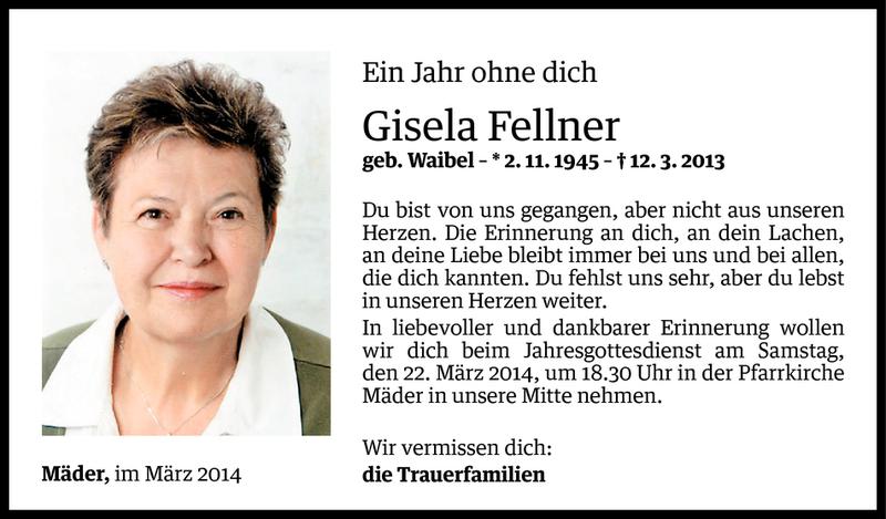  Todesanzeige für Gisela Fellner vom 11.03.2014 aus Vorarlberger Nachrichten