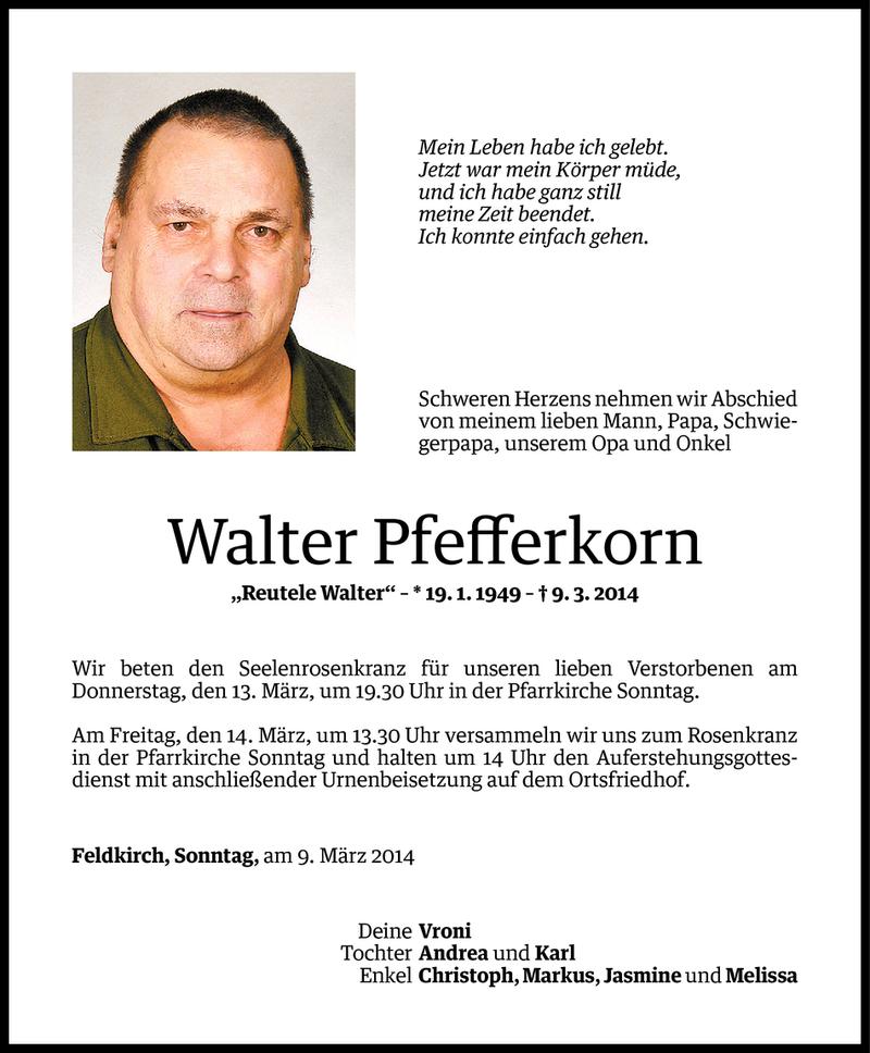  Todesanzeige für Walter Pfefferkorn vom 11.03.2014 aus Vorarlberger Nachrichten