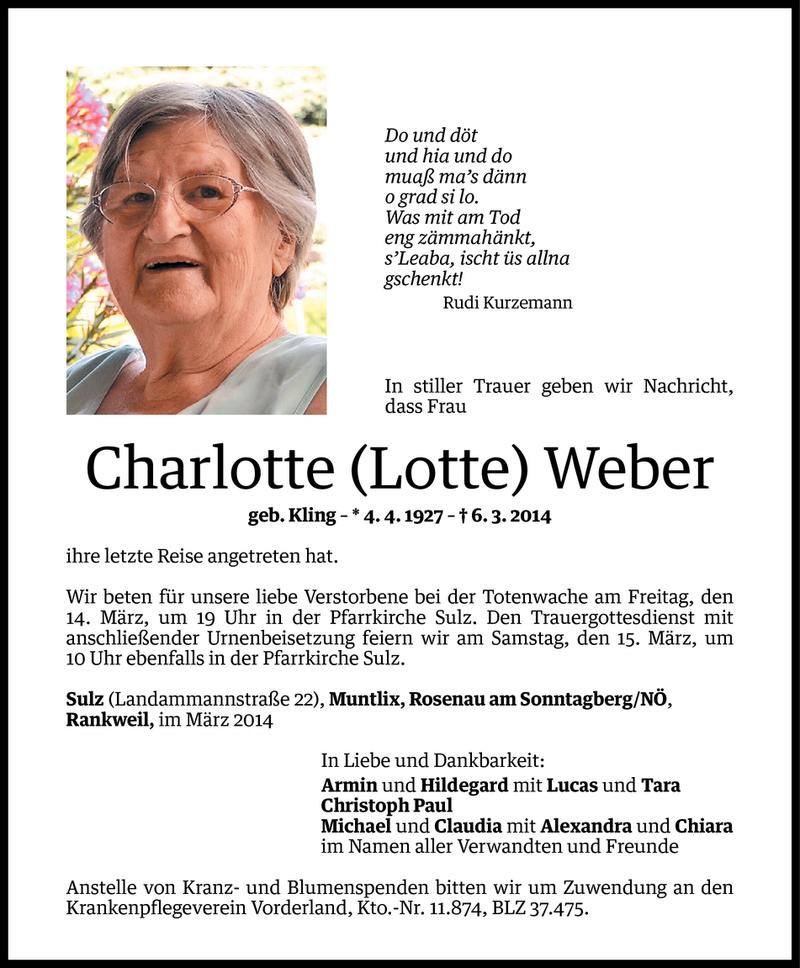  Todesanzeige für Charlotte Weber vom 11.03.2014 aus Vorarlberger Nachrichten