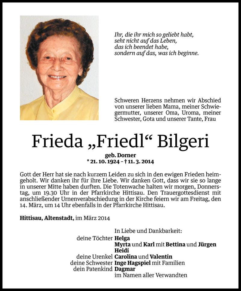  Todesanzeige für Frieda Bilgeri vom 11.03.2014 aus Vorarlberger Nachrichten