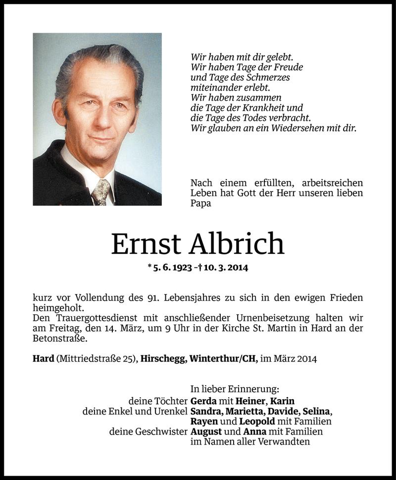  Todesanzeige für Ernst Albrich vom 11.03.2014 aus Vorarlberger Nachrichten