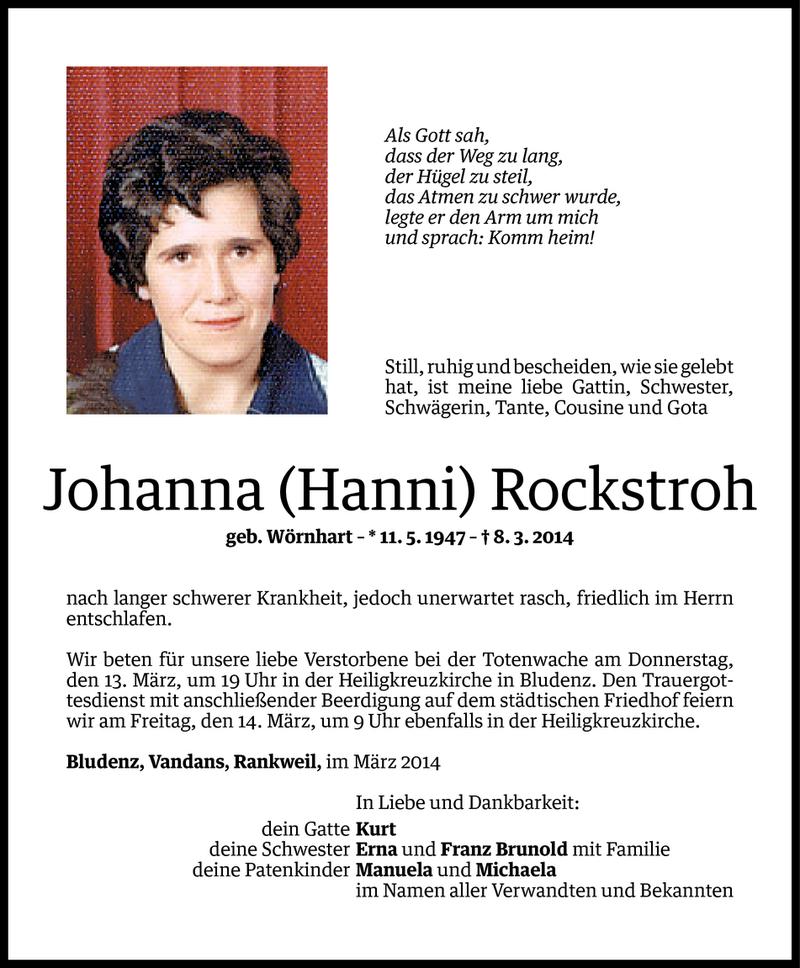  Todesanzeige für Johanna Rockstroh vom 12.03.2014 aus Vorarlberger Nachrichten