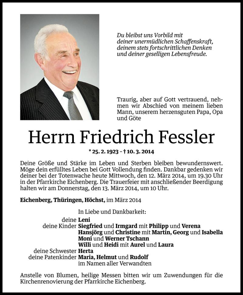  Todesanzeige für Friedrich Fessler vom 11.03.2014 aus Vorarlberger Nachrichten