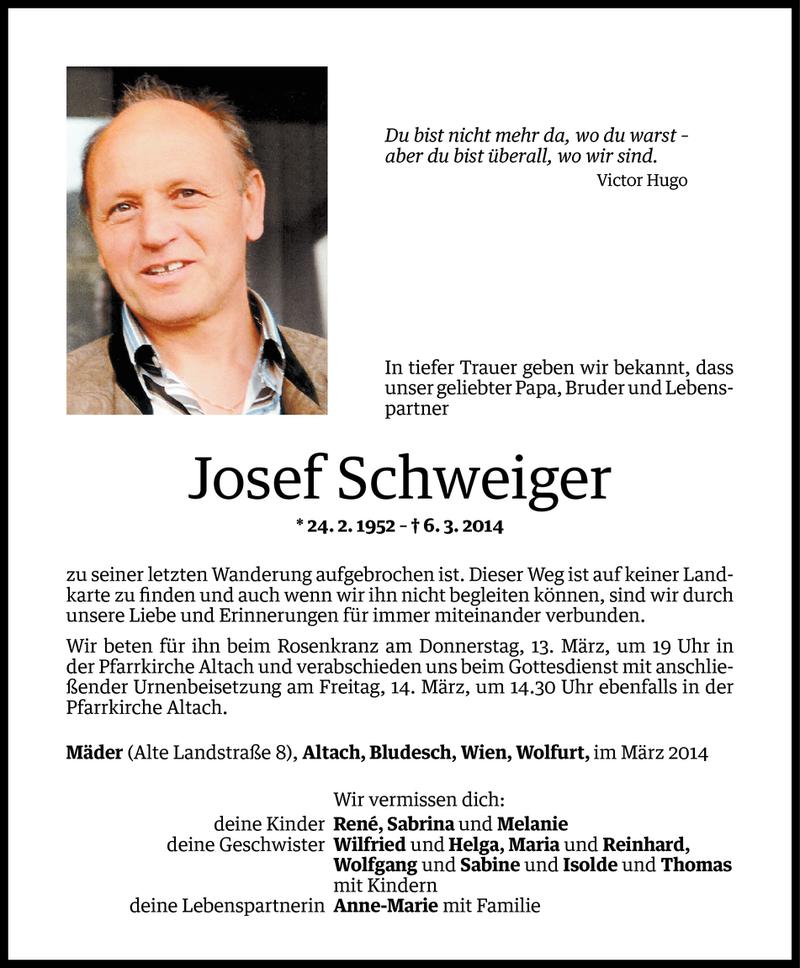  Todesanzeige für Josef Schweiger vom 11.03.2014 aus Vorarlberger Nachrichten