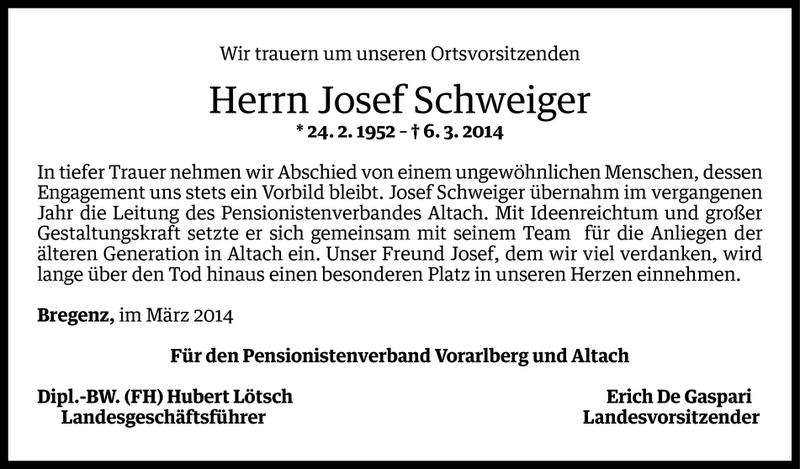  Todesanzeige für Josef Schweiger vom 12.03.2014 aus Vorarlberger Nachrichten