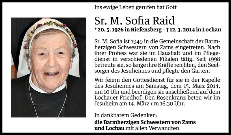  Todesanzeige für Sr. M. Sofia Raid vom 12.03.2014 aus Vorarlberger Nachrichten