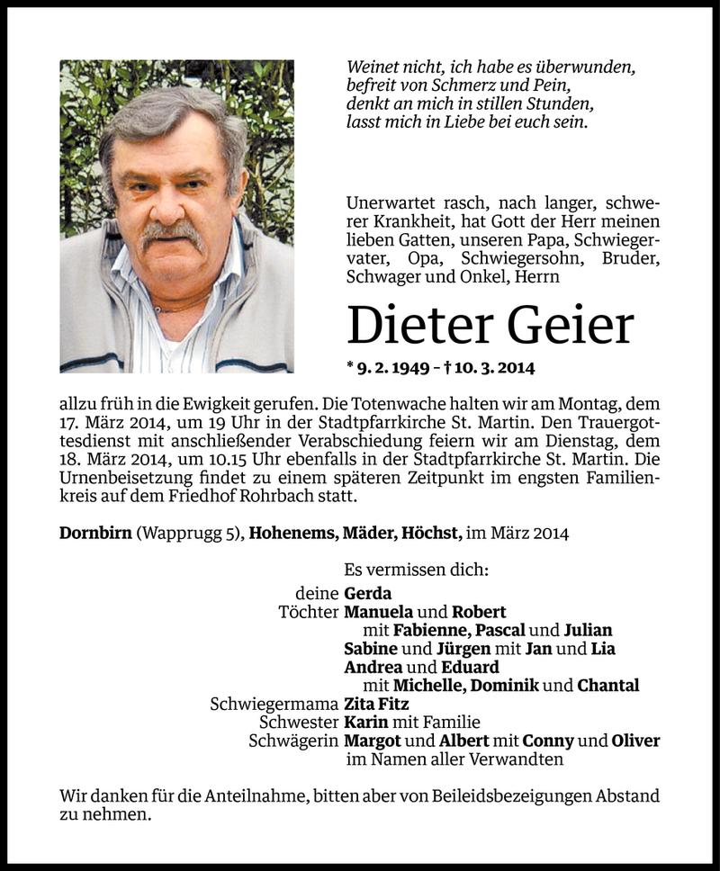  Todesanzeige für Dieter Geier vom 14.03.2014 aus Vorarlberger Nachrichten