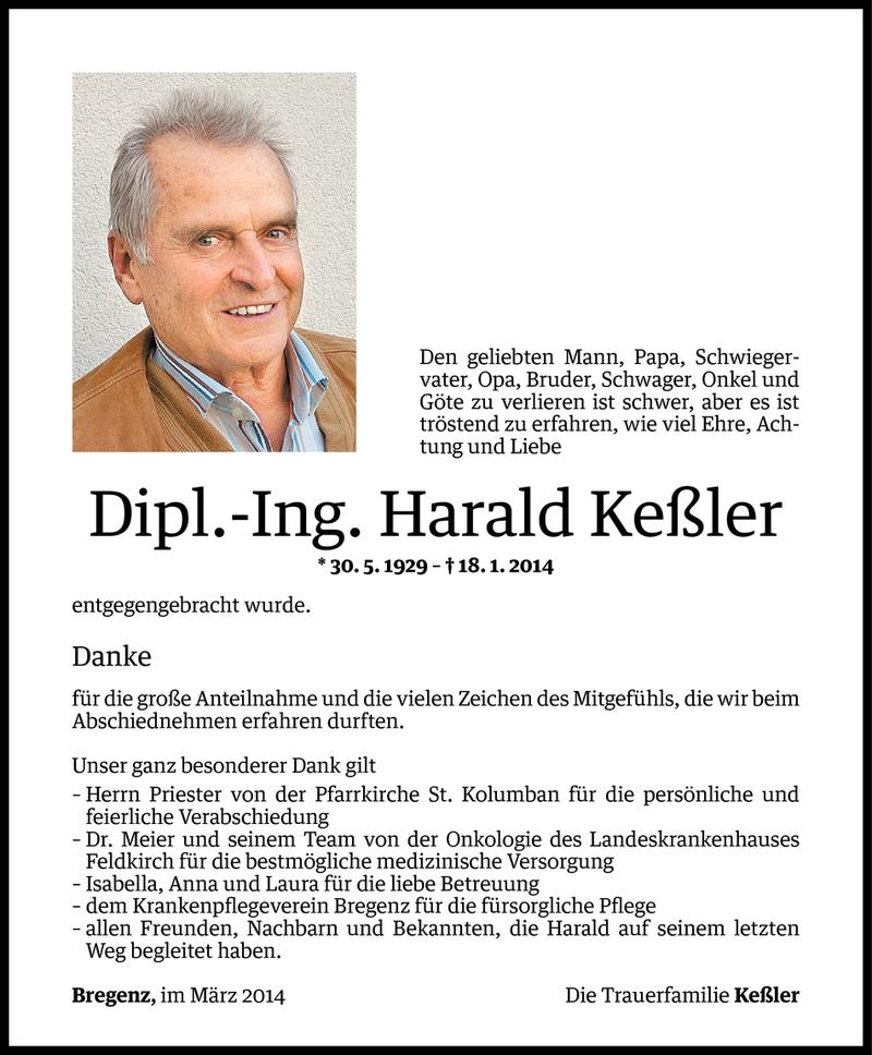  Todesanzeige für Harald Keßler vom 14.03.2014 aus Vorarlberger Nachrichten