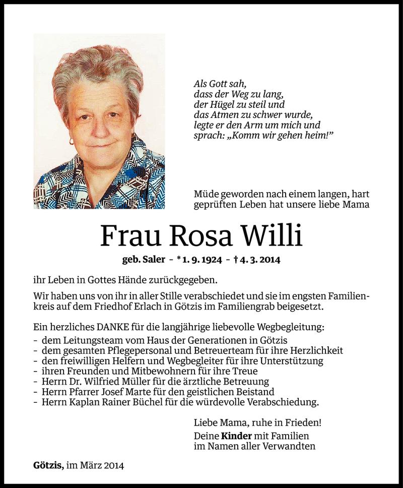  Todesanzeige für Rosa Willi vom 17.03.2014 aus Vorarlberger Nachrichten