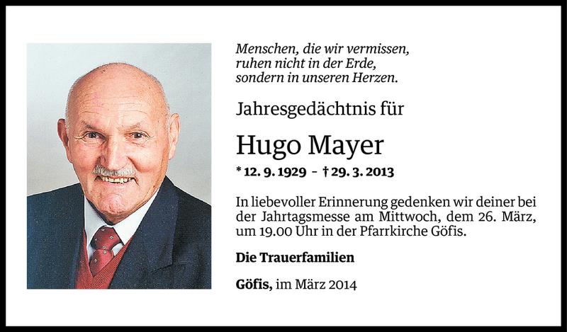  Todesanzeige für Hugo Mayer vom 22.03.2014 aus Vorarlberger Nachrichten