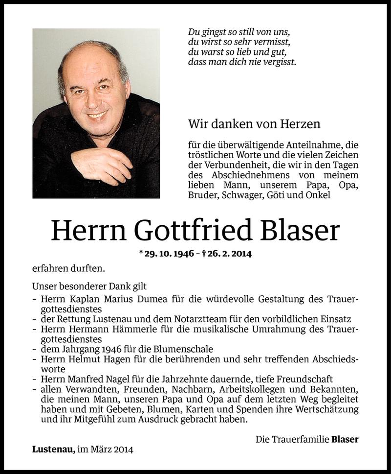  Todesanzeige für Gottfried Blaser vom 16.03.2014 aus Vorarlberger Nachrichten