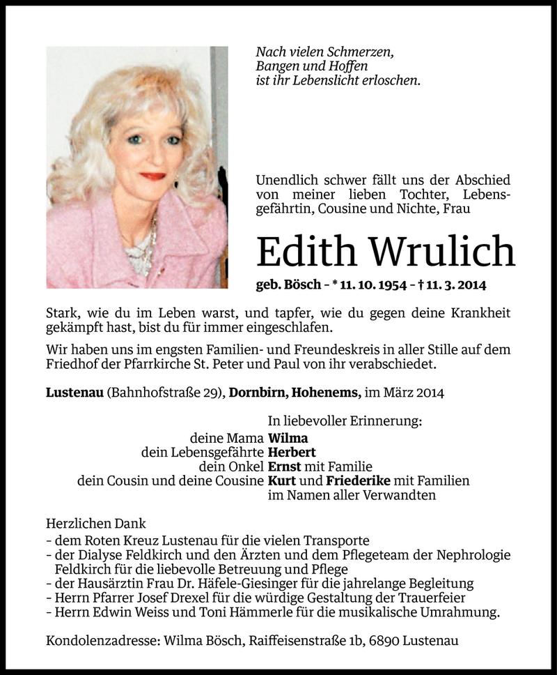  Todesanzeige für Edith Wrulich vom 15.03.2014 aus Vorarlberger Nachrichten