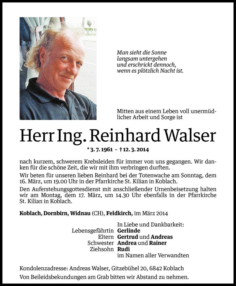  Todesanzeige für Reinhard Walser vom 15.03.2014 aus Vorarlberger Nachrichten