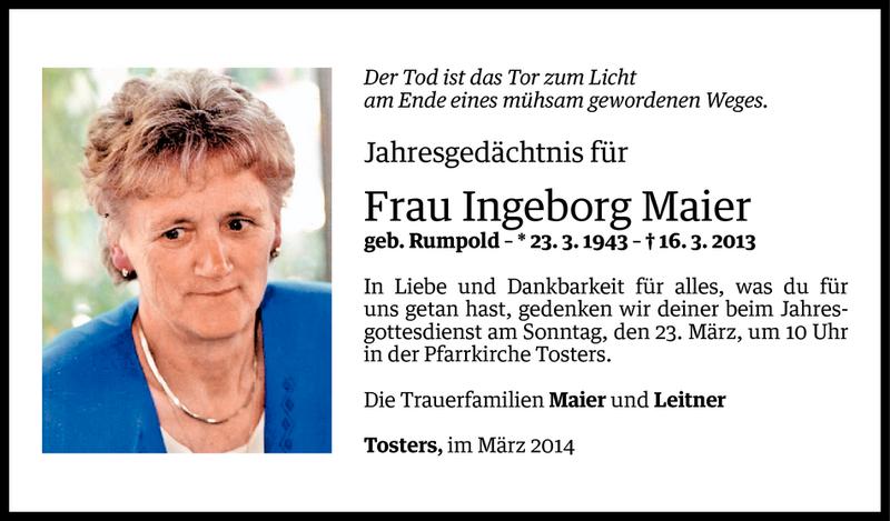  Todesanzeige für Ingeborg Maier vom 14.03.2014 aus Vorarlberger Nachrichten