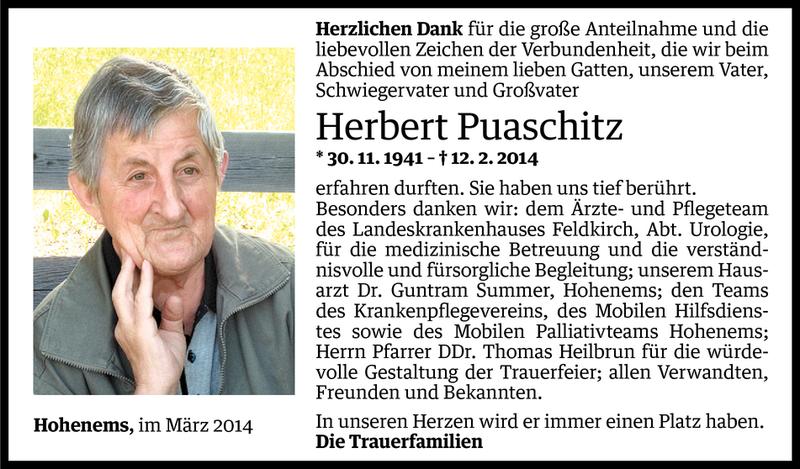  Todesanzeige für Herbert Puaschitz vom 14.03.2014 aus Vorarlberger Nachrichten
