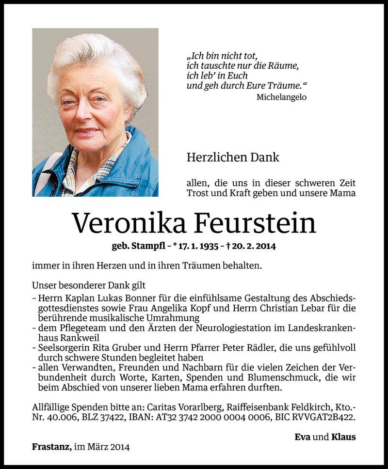  Todesanzeige für Veronika Feurstein vom 16.03.2014 aus Vorarlberger Nachrichten